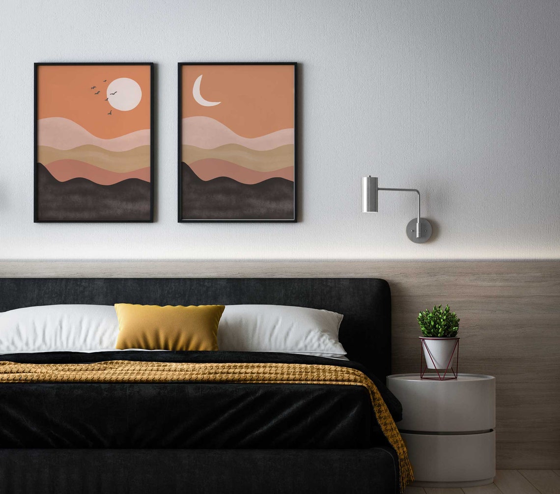 Mid century abstract art, Sun desert wall art, Sun Moon Art, Modern Terracotta print, Boho wall decor, Set of 2 Prints