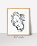 Doula Art Print - Baby in Womb with Placenta and Flowers - Perfect Midwife, Gynecologist Office Decor and Pregnancy Gift