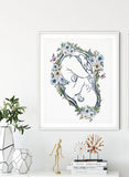Doula Art Print - Baby in Womb with Placenta and Flowers - Perfect Midwife, Gynecologist Office Decor and Pregnancy Gift