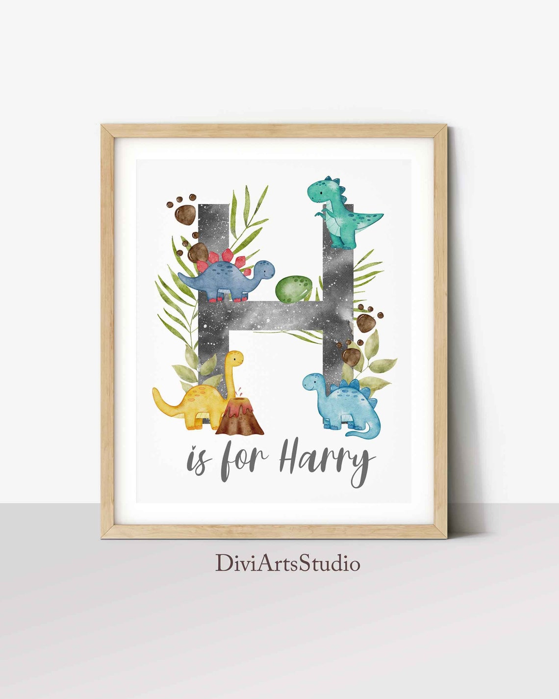 Dinosaur Wall Art, Baby Name Initial print, Boy Nursery Decor, Set of 3 Dinosaur Art for Kids Bedroom, Watercolour Dino