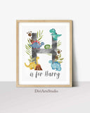 Dinosaur Wall Art, Baby Name Initial print, Boy Nursery Decor, Set of 3 Dinosaur Art for Kids Bedroom, Watercolour Dino