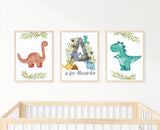 Dinosaur Wall Art, Baby Name Initial print, Boy Nursery Decor, Set of 3 Dinosaur Art for Kids Bedroom, Watercolour Dino