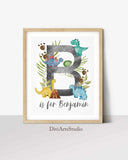 Dinosaur Wall Art, Baby Name Initial print, Boy Nursery Decor, Set of 3 Dinosaur Art for Kids Bedroom, Watercolour Dino