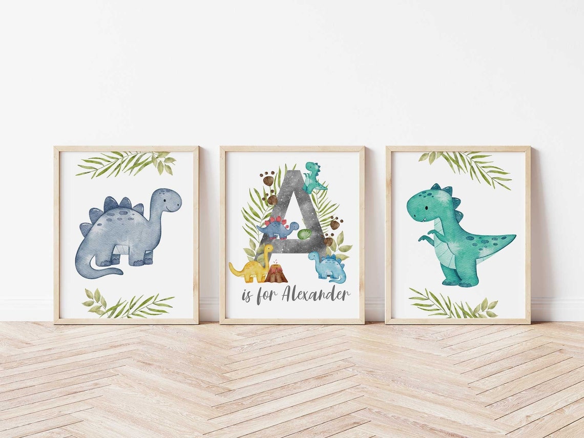 Dinosaur Wall Art, Boy Nursery Decor, Personalized Name Print, Set of 3 Dinosaur Print, Dinosaur Art for Kids Bedroom Main image