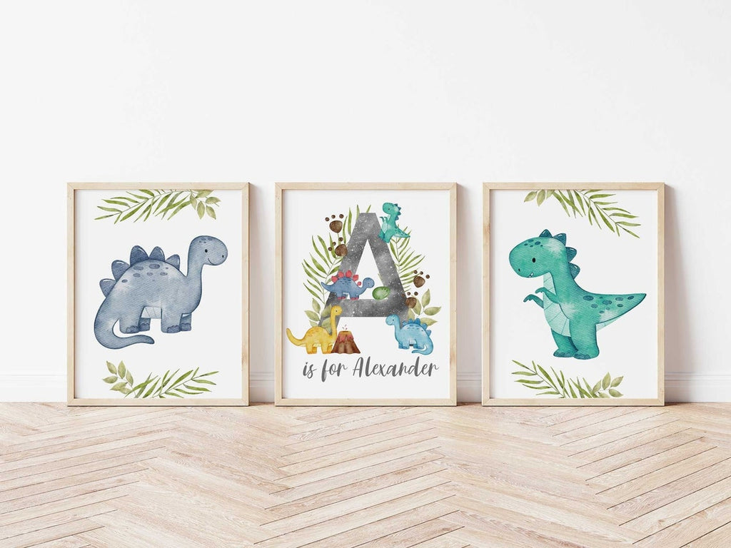Dinosaur Wall Art, Boy Nursery Decor, Personalized Name Print, Set of 3 Dinosaur Print, Dinosaur Art for Kids Bedroom