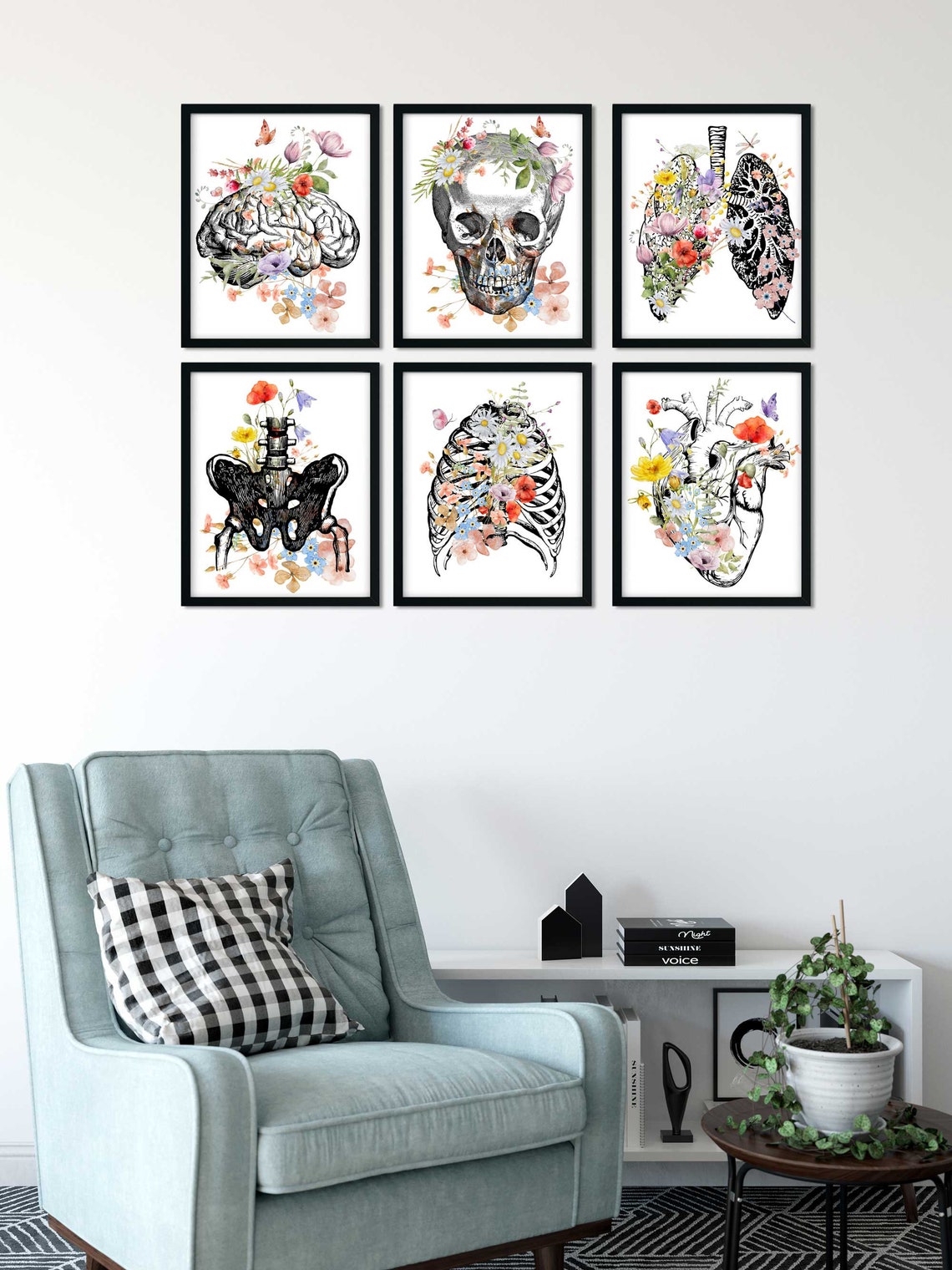 Medical office wall art, Osteopathic Physician, Doctor Graduation Gifts, Brain heart lungs rig cage, Anatomy Poster Set, Flowers with Organs