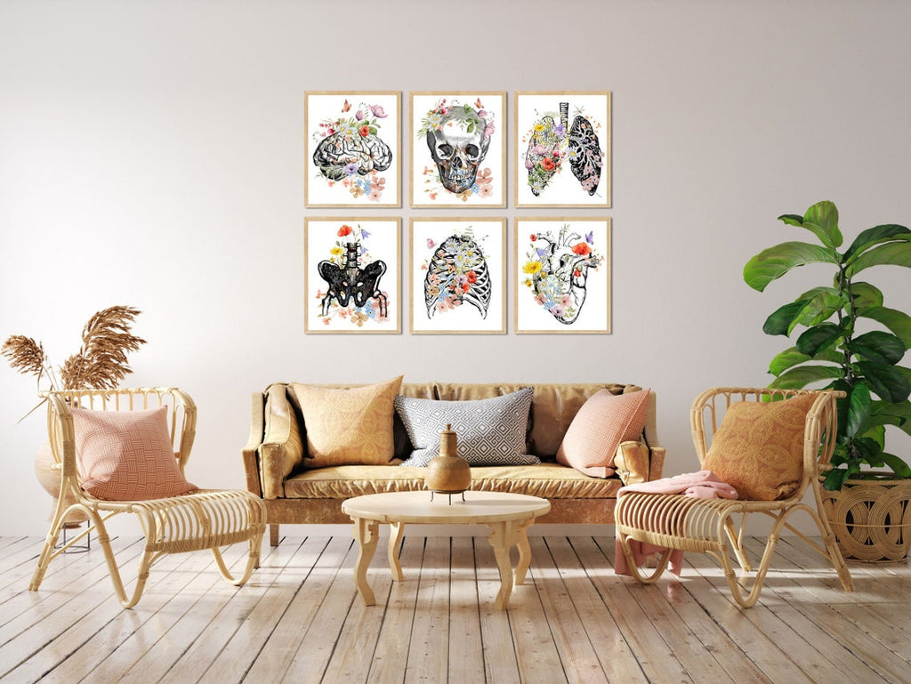 Medical office wall art, Osteopathic Physician, Doctor Graduation Gifts, Brain heart lungs rig cage, Anatomy Poster Set, Flowers with Organs