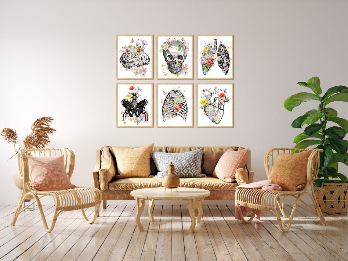 Medical office wall art, Osteopathic Physician, Doctor Graduation Gifts, Brain heart lungs rig cage, Anatomy Poster Set, Flowers with Organs