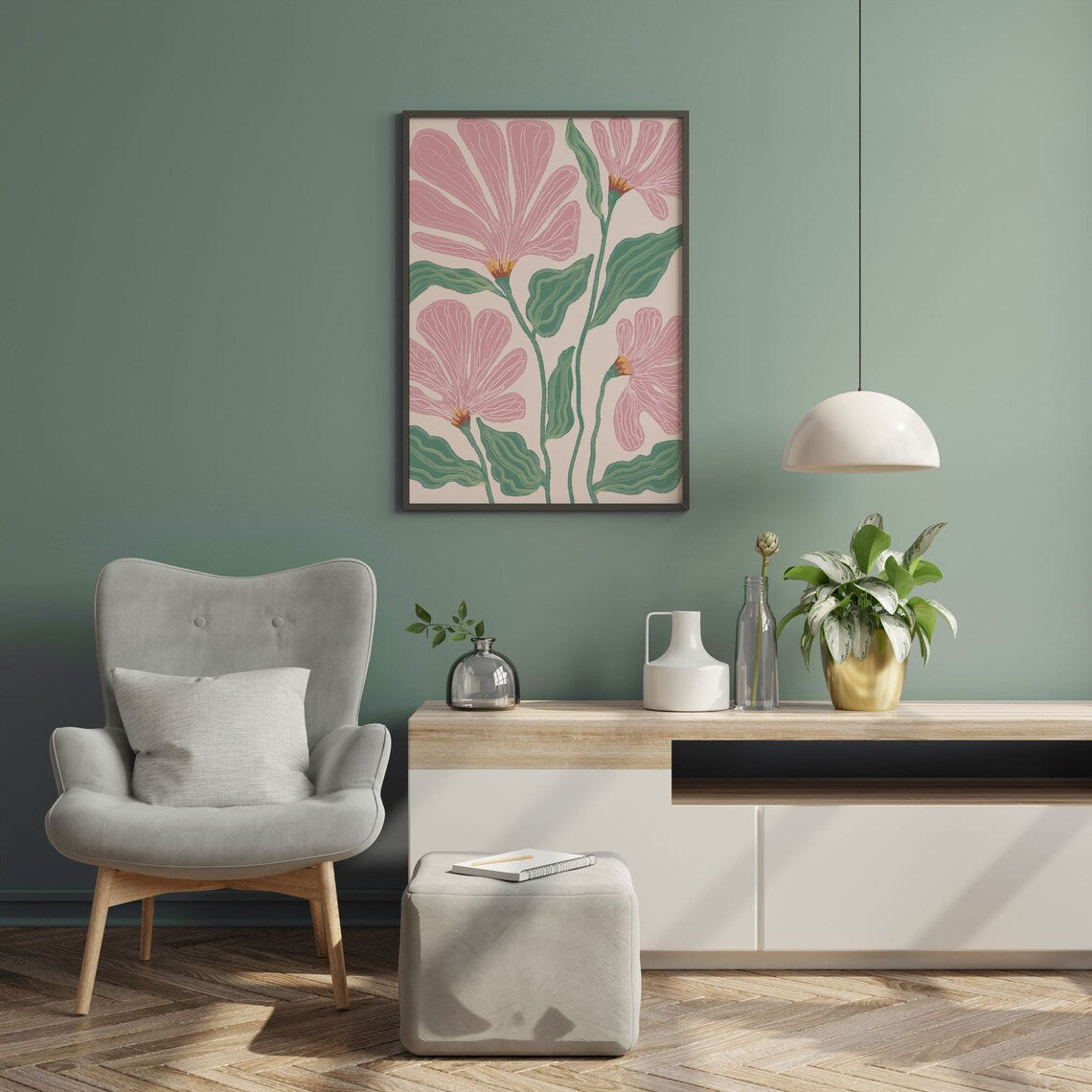 Dessin au trait moderne, Art mural floral, Décoration murale milieu de siècle, Impression d'art Abstraite Fleurs sauvages, Impression chambre, Œuvre d'art florale chambre d'enfant Image secondaire du produit