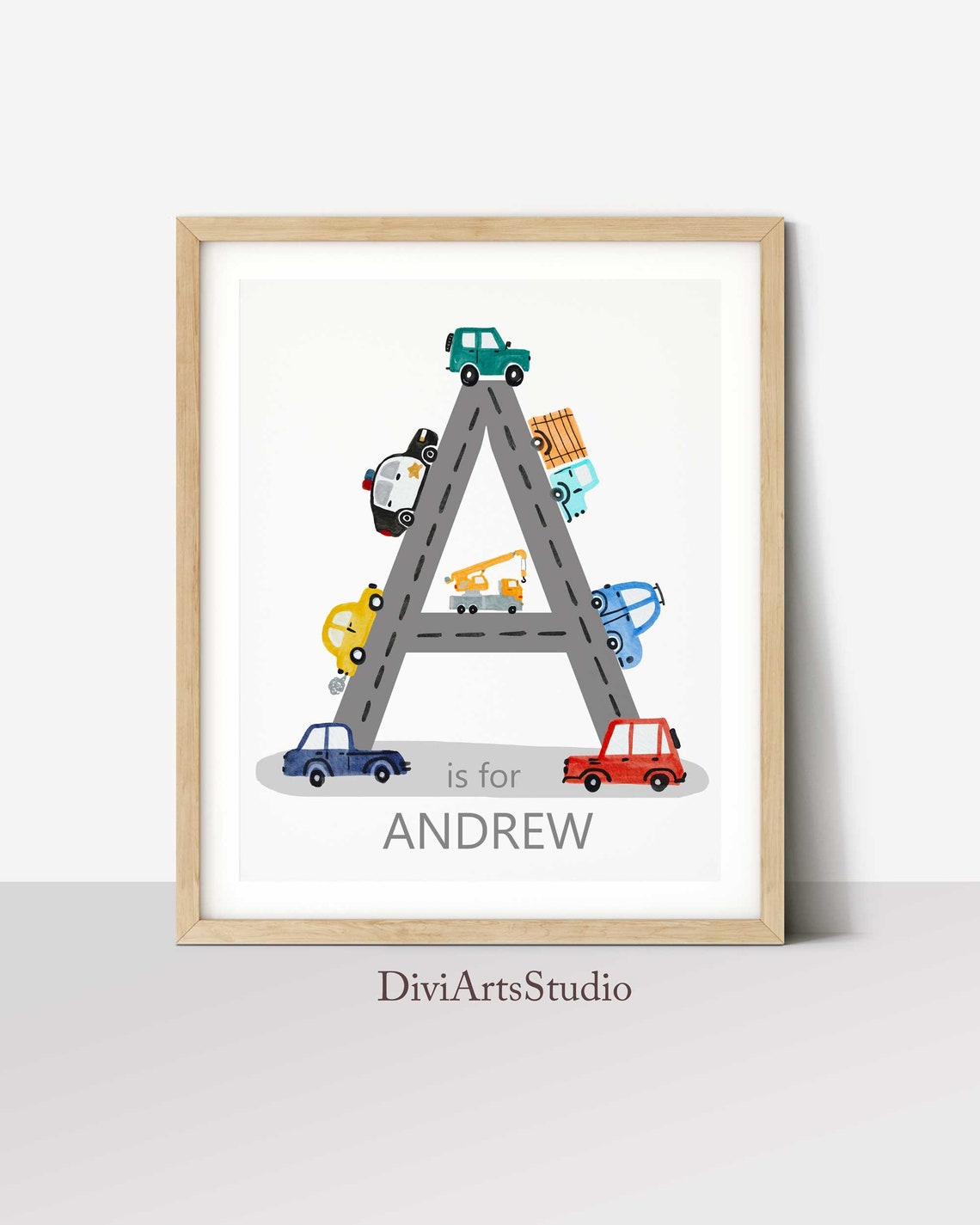 Vivero de Vehículos, Letra de Nombre Artística, Vivero de Construcción, Impresión Inicial de Carretera de Coche, Decoración Personalizada de Vivero de Vehículos, Arte Imprimible para Habitación de Niños Imagen secundaria del producto