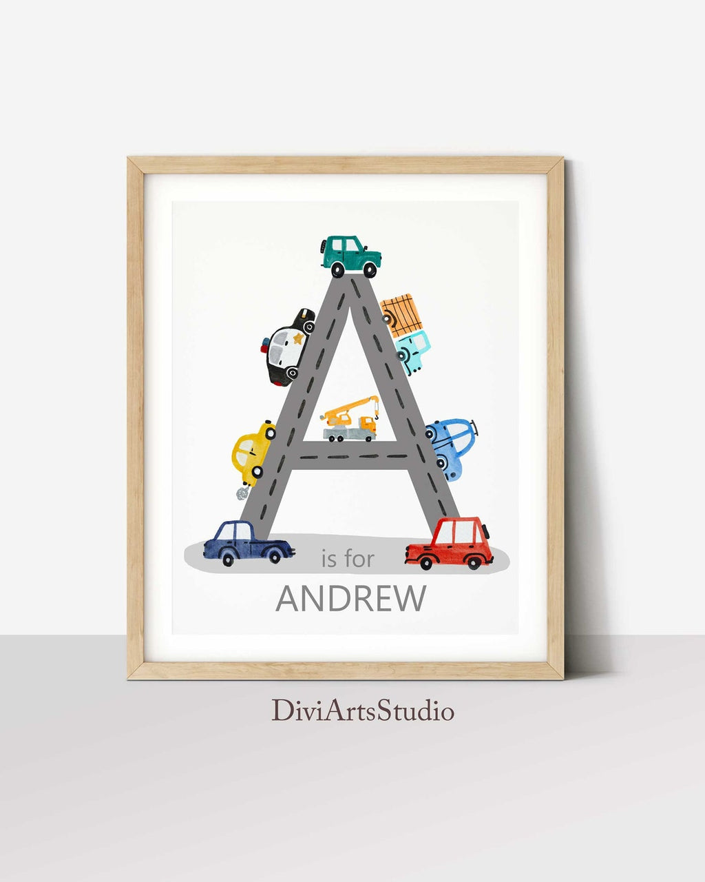 Vehicles Nursery, Name letter Art, Construction Nursery, Car Road Initial Print, Personalized Vehicle Nursery Decor, Boys Room Printable Art
