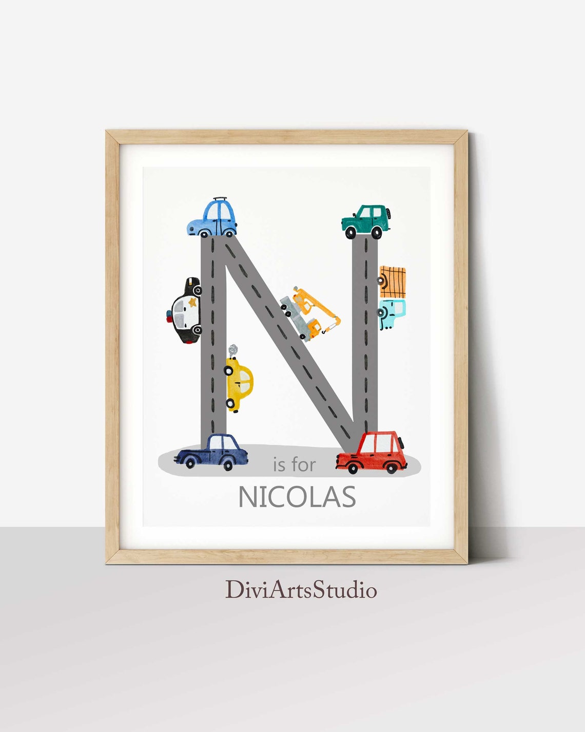 Vehicles Nursery, Name letter Art, Construction Nursery, Car Road Initial Print, Personalized Vehicle Nursery Decor, Boys Room Printable Art Main image