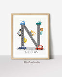 Vehicles Nursery, Name letter Art, Construction Nursery, Car Road Initial Print, Personalized Vehicle Nursery Decor, Boys Room Printable Art