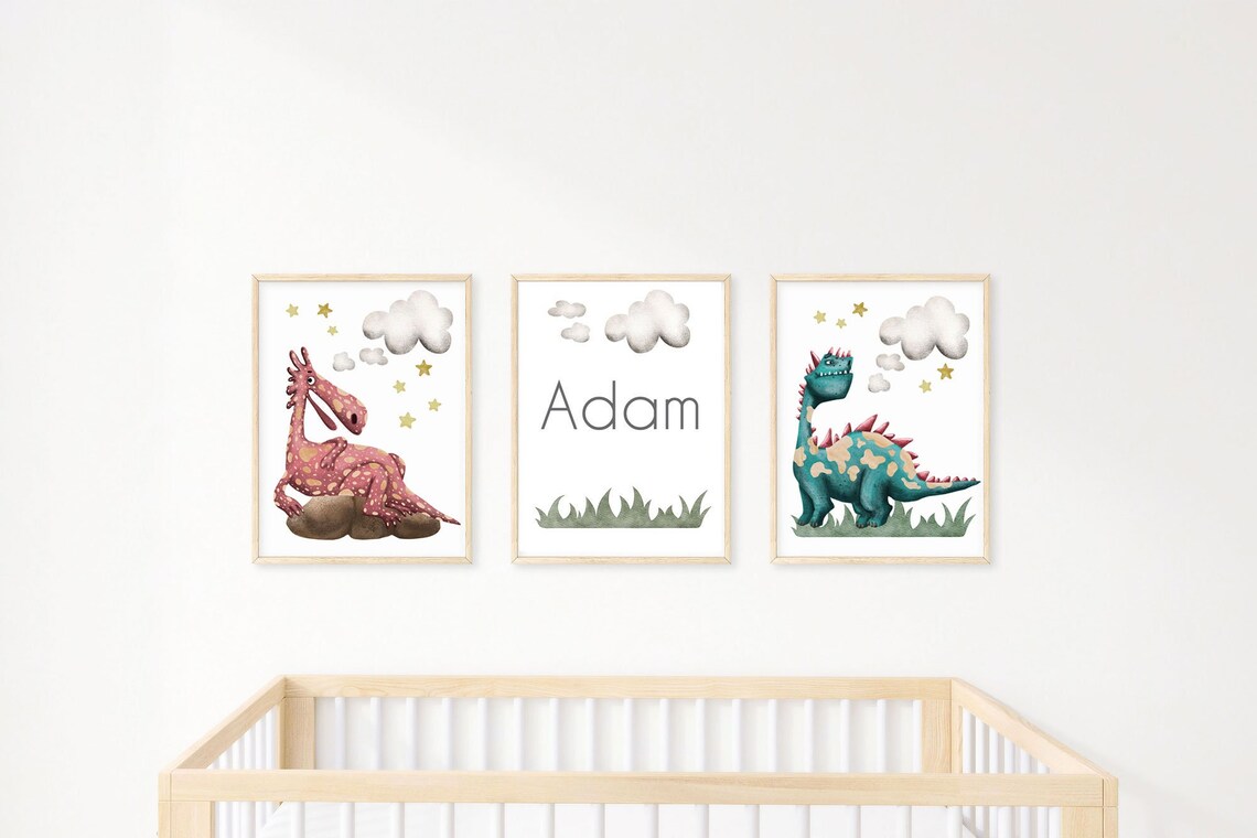 Dragon Nursery Name Print, Baby Boy Personalized, Nursery Wall Art, Dragon Watercolor Name Print, Animals Customized Nursery Printable Main image