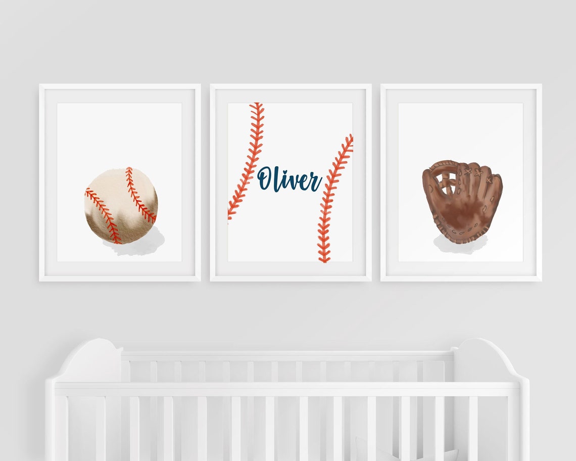 Baseball Nursery Print Set, Baseball printable art, Sport art prints, Bat mitten ball, Baby Boy Room Decor, Boy Name wall art Main image