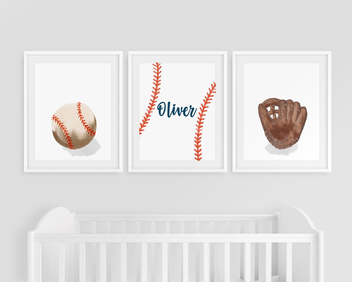 Baseball Nursery Print Set, Baseball printable art, Sport art prints, Bat mitten ball, Baby Boy Room Decor, Boy Name wall art