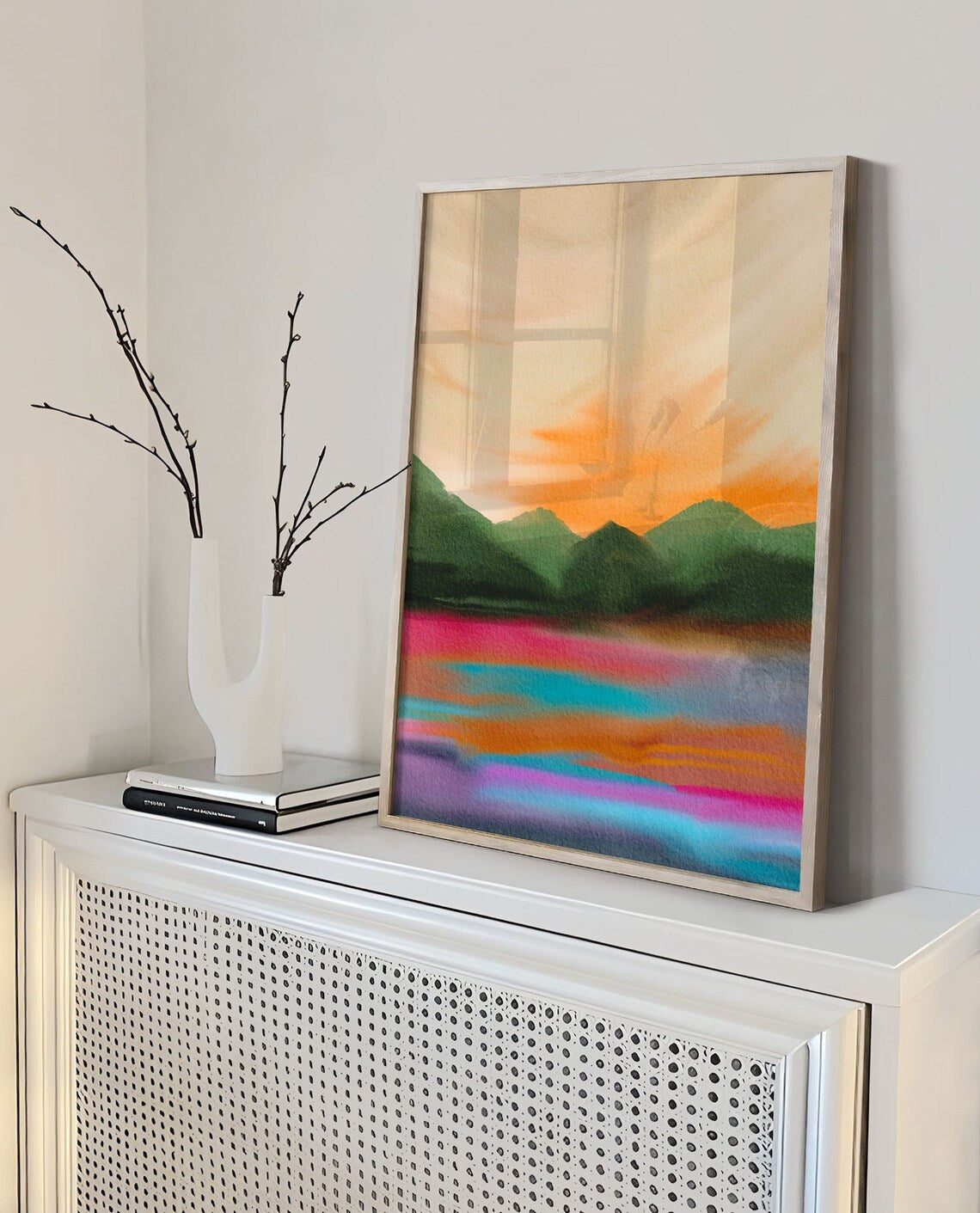 Colourful Landscape Art, Mountain Wall Art, Abstract Watercolour landscape print, Mustard green pink Art Main image