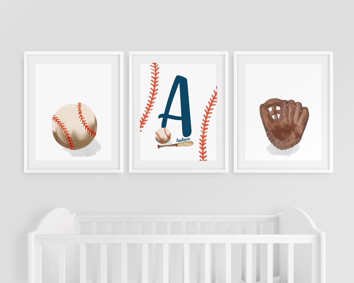 Baseball print set, Baseball Nursery printable art, Baseball posters, Sport art prints, Bat mitten ball, Printable wall art Main image