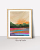 Colourful Landscape Art, Mountain Wall Art, Abstract Watercolour landscape print, Mustard green pink Art