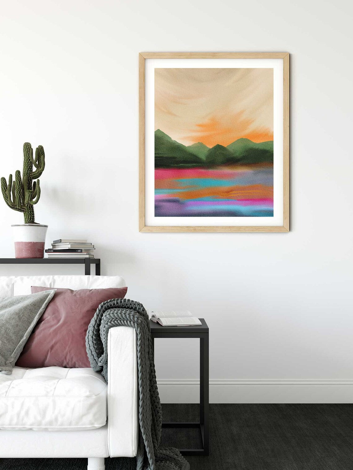 Colourful Landscape Art, Mountain Wall Art, Abstract Watercolour landscape print, Mustard green pink Art
