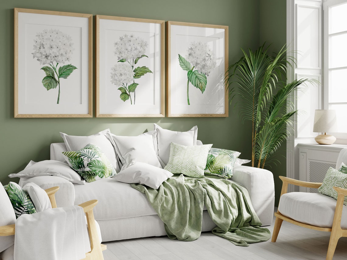 Lámina de hortensias blancas en acuarela, Set de 3 láminas botánicas blancas, Pintura de hortensias, Lámina de hortensias, Arte de pared floral Imagen secundaria del producto