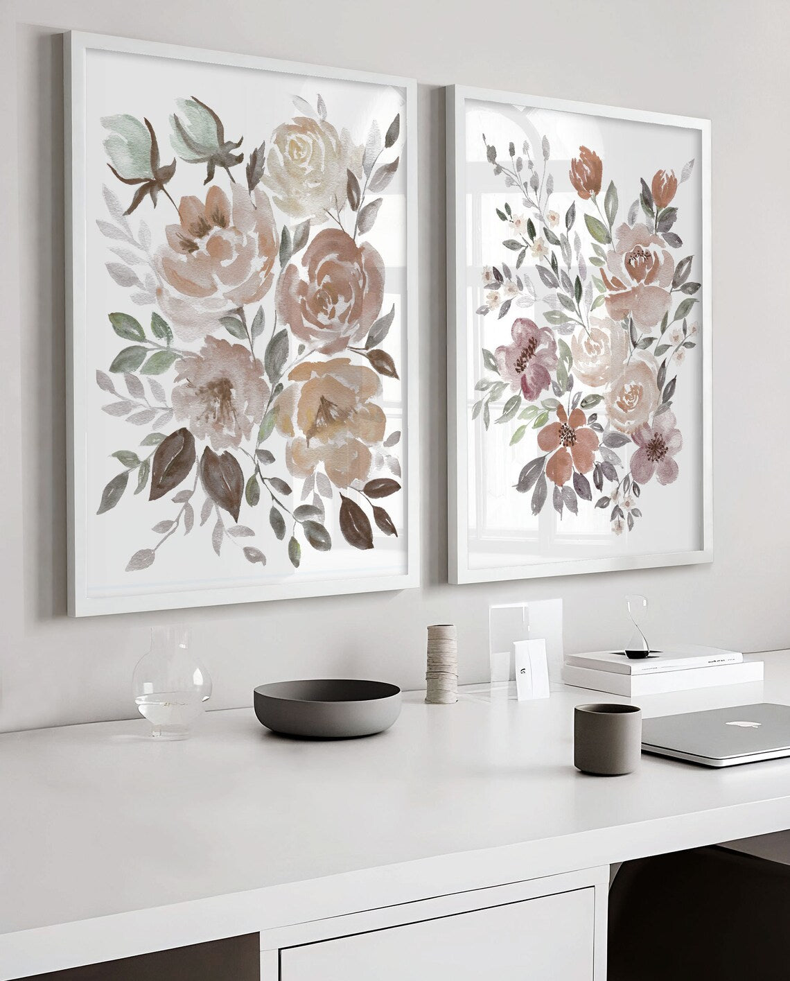 Arte de pared floral bohemio, arte de pared abstracto de flores bohemias en acuarela, regalo del Día de la Madre, arte de pared para sala de estar, juego de 2 impresiones Imagen secundaria del producto