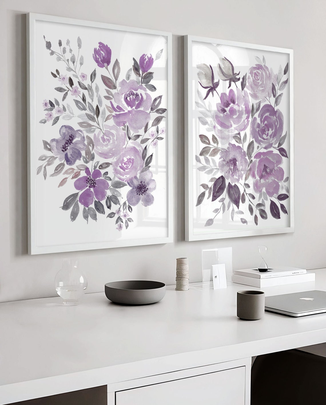 Abstract Floral Painting, Peony Large floral wall art, Lavender Purple Flower Print, Living room decor, Set of 2 Prints, Lilac artwork Main image