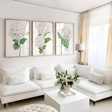 White Hydrangea Watercolor Print, White Botanical Print Set of 3, Hydrangea painting, Hydrangea Print, Flower Wall Art