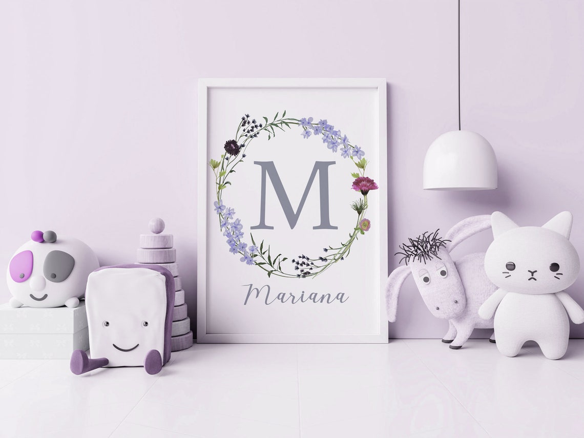 Lámina de guardería de flores silvestres, inicial personalizada con nombre de niña, lámina con nombre de monograma de niña, acuarela floral, letrero de nombre de bebé, nombre personalizado para guardería Imagen secundaria del producto