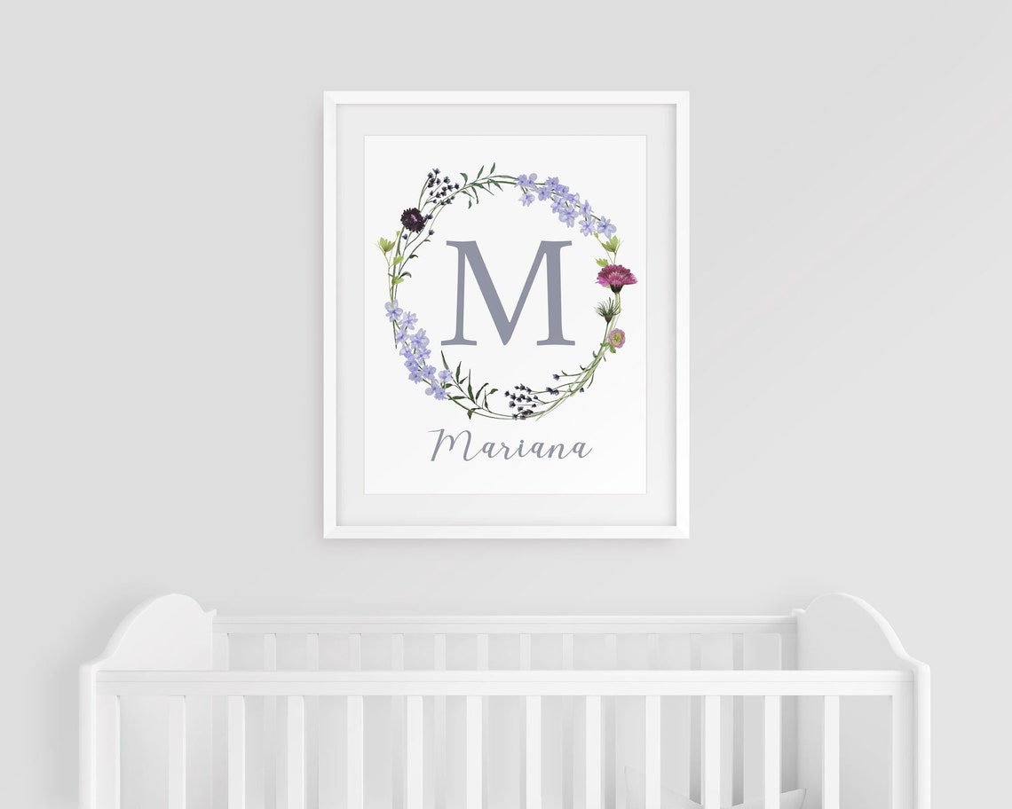 Nursery Wildflower Print, Custom Girl Name Initial, Girl Monogram Name Print, Watercolor Floral, Baby Name Sign, Personalized Nursery Name Main image