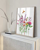Lavender Wildflowers Bee Art Print, Honeybee Wall Art, Wildflowers Wall Decor, Red clover flowers Watercolour Illustration, Floral Wall Art
