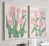 Mid-Century Floral Print, Flower Market Print, Botanical Flowers decor, Green pink beige floral, Set of 2 Prints, Tulip Wall Art