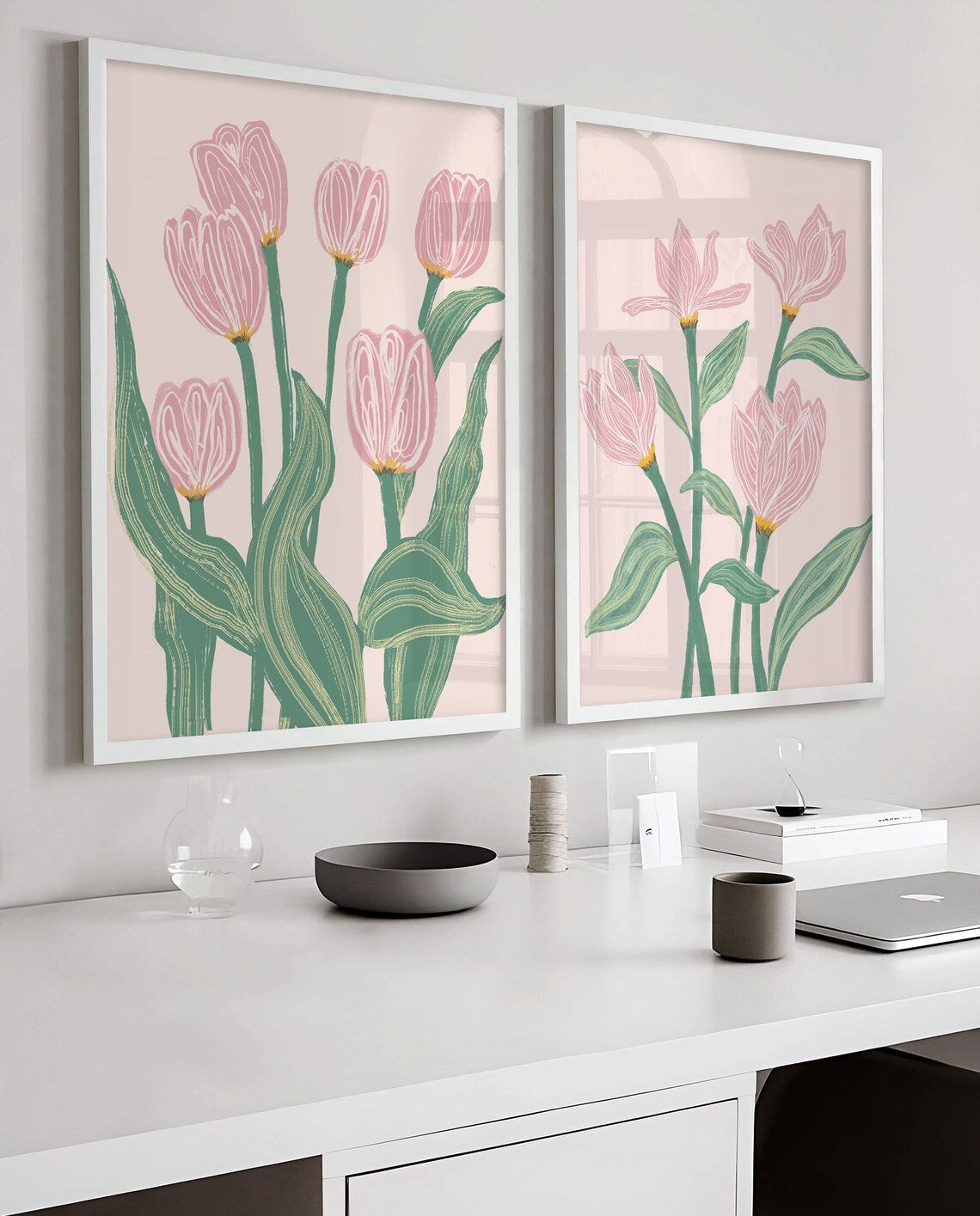 Imprimé floral Mid-Century, Imprimé marché aux fleurs, Décoration fleurs botaniques, Fleurs vertes roses beiges, Lot de 2 impressions, Art mural tulipes Image secondaire du produit