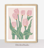 Mid Century Floral, Modern Flower Art Print, Tulips Wall Art, Large modern floral art, Tulip Illustration