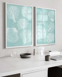 Seashell Wall Art, Blue Coastal Prints, Set of 3 prints, Turquoise beach house decor, Coral Bathroom Wall Art, Modern Minimalist Coastal Art