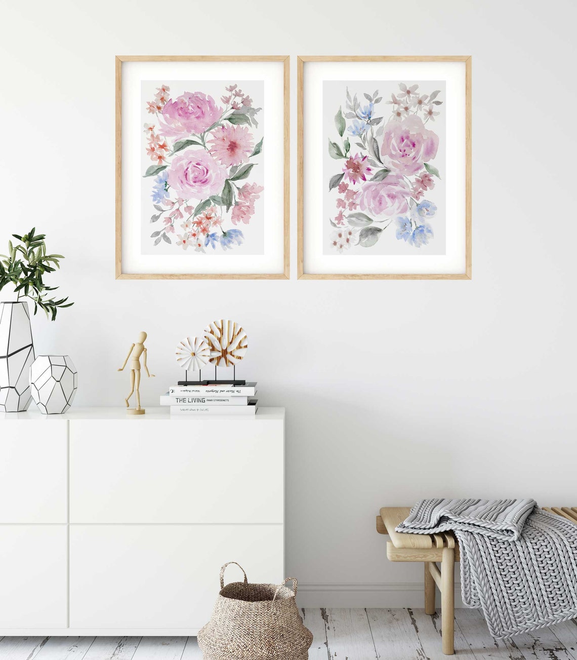 Soft Peony Wall Art, Abstract Floral Painting, Watercolour floral Large wall art, Pink Blue Nursery, Flower Living room decor