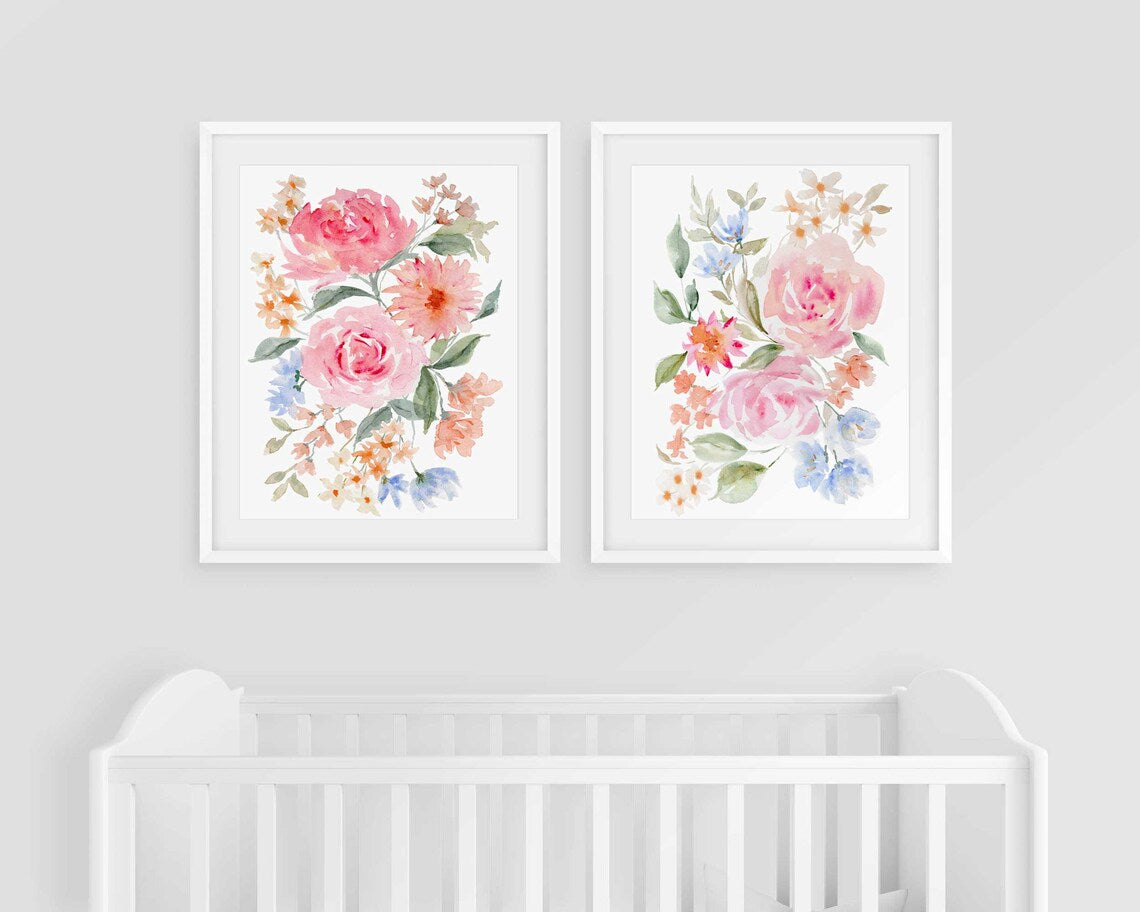 Floral Wall Art, Abstract Floral Painting, Set of 2 Prints, Watercolour Flowers, Large wall art, Blush Pink Nursery, Living room decor