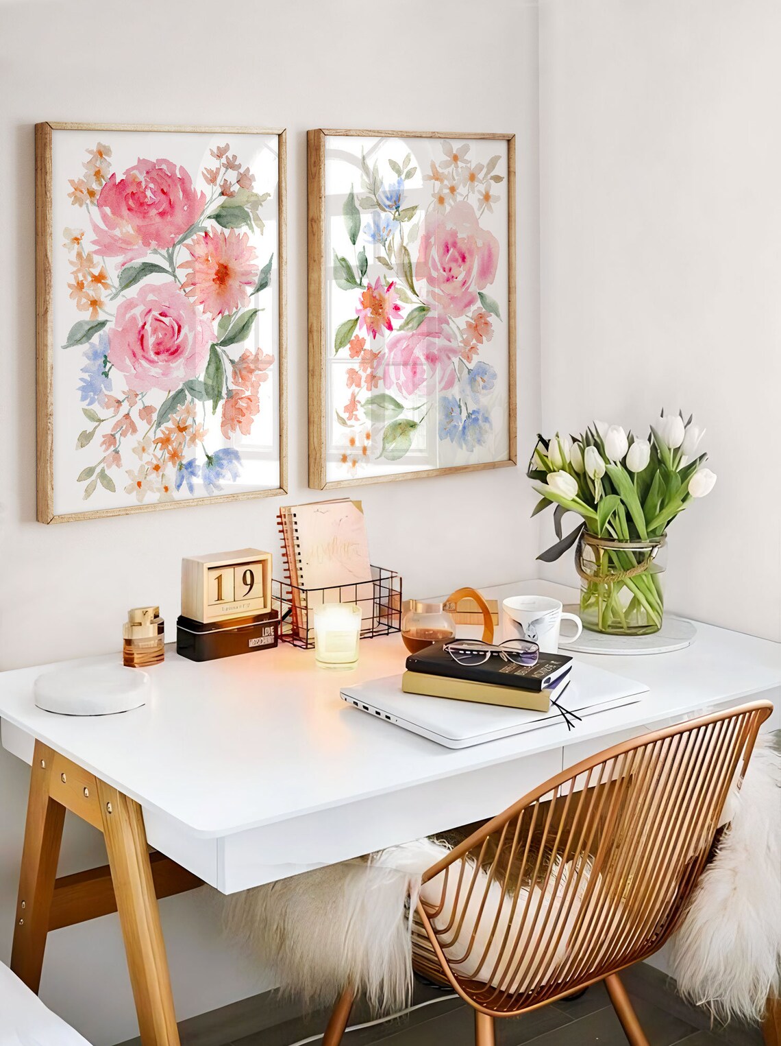 Floral Wall Art, Abstract Floral Painting, Set of 2 Prints, Watercolour Flowers, Large wall art, Blush Pink Nursery, Living room decor Main image