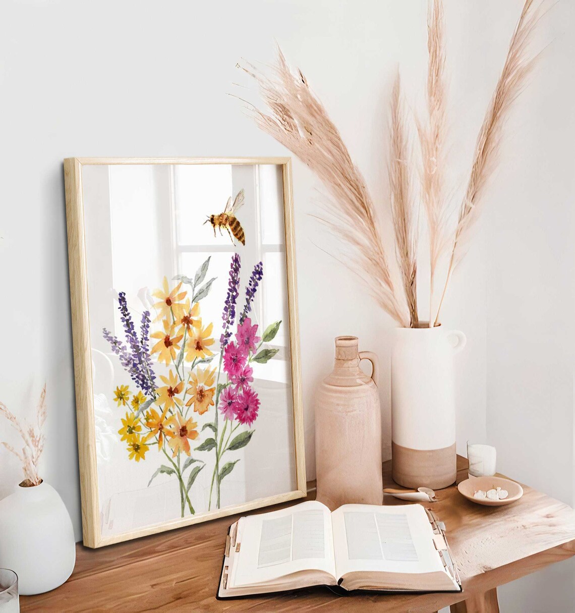 Wildflowers Bees Art Print, Watercolour Honeybee Wildflowers Wall Art