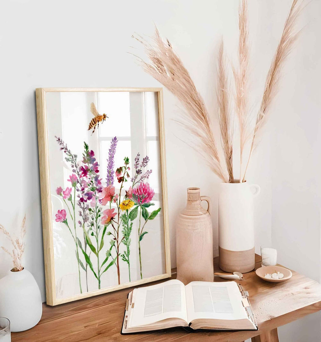 Wildflowers Bee Art Print, Lavender Honeybee Wall Art, Wildflowers Wall Decor, Red clover flowers Watercolour Illustration, Floral Wall Art