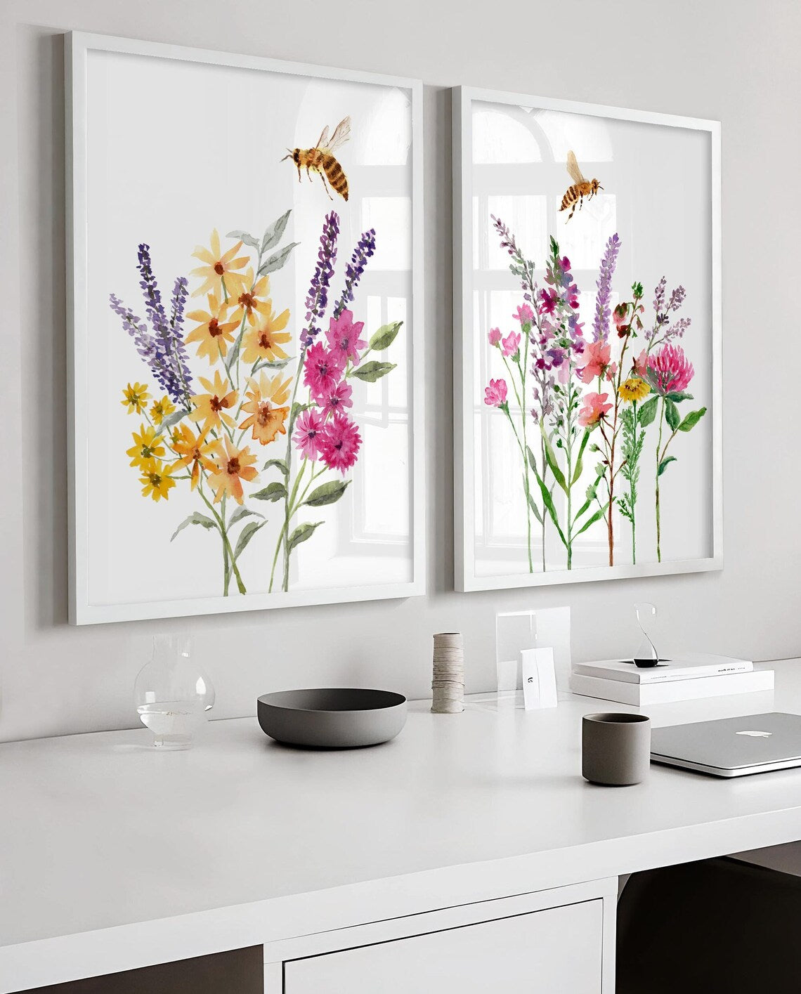 Wildflowers Honey Bee Art Print, Watercolour Honeybee Decor, Wildflowers Wall Art, Set of 2 prints, Botanical Flowers Print Main image