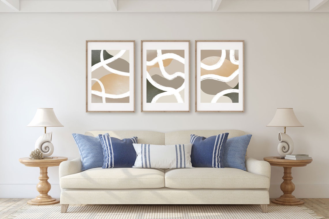 Arte de pared abstracto, Set de 3 láminas, Estampado beige marrón, Arte de pinceladas neutras, Arte de pared para sala de estar, Pósteres para comedor, Arte minimalista Imagen secundaria del producto