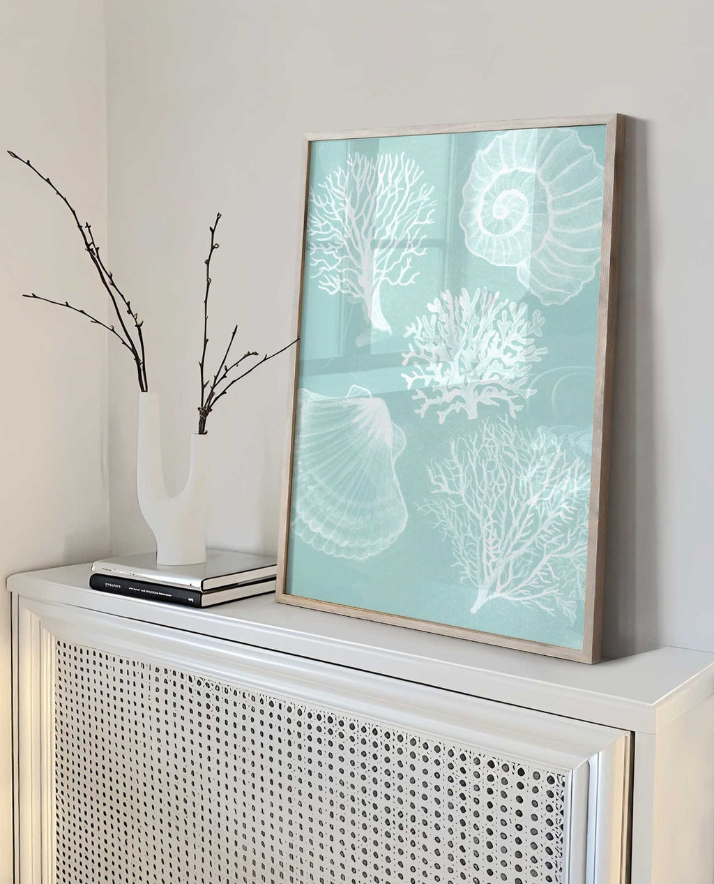 Seashell Wall Art, Blue Coastal Prints, Set of 3 prints, Turquoise beach house decor, Coral Bathroom Wall Art, Modern Minimalist Coastal Art