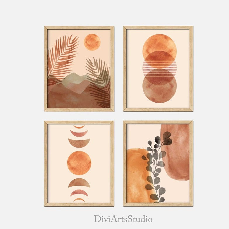 Boho Wall Art, Set of 4 prints, Mid century modern Art, Sun Desert art print, Bohemian art set, Gallery wall art, Fine Art Prints Minimalist Main image
