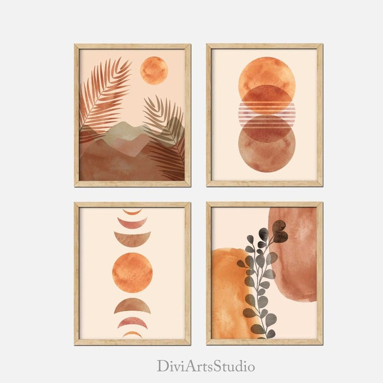 Boho Wall Art, Set of 4 prints, Mid century modern Art, Sun Desert art print, Bohemian art set, Gallery wall art, Fine Art Prints Minimalist