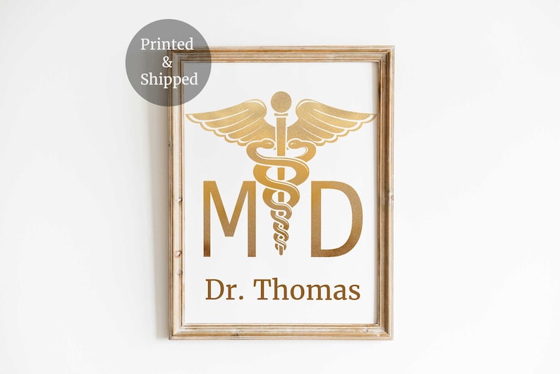 MD Doctor Caduceus Print, Personalized Name, Medical Symbol Art, Med School Gift, Medical Student, Doctor Office Decor, Mens Doctor Gift Main image