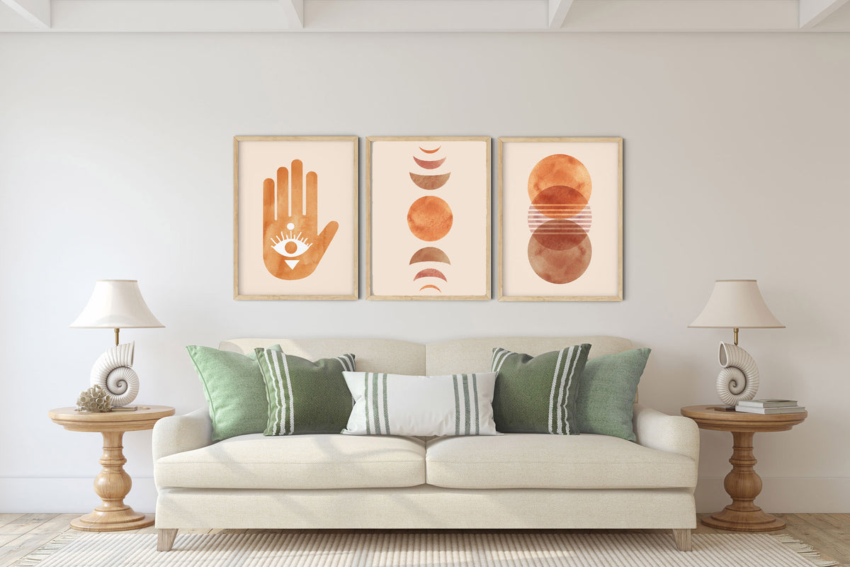 Mid-Century Modern Art Print, Sun moon hand boho Set of 3 Minimalist Prints